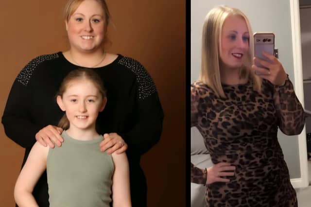 The picture that changed everything: Leanne Huntington with her daughter before losing six stone, and as she looks today.