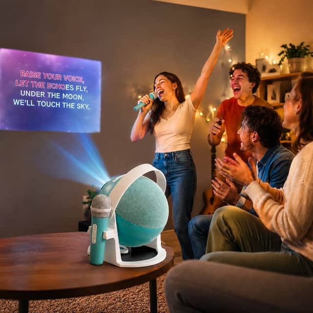 The karaoke projector contains two microphones so two people can sing at once