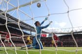 BEATEN: Leeds United keeper James Trafford by Riccardo Calafiori's bouncing effort to draw Arsenal at level.