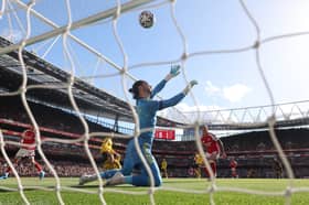 BEATEN: Leeds United keeper James Trafford by Riccardo Calafiori's bouncing effort to draw Arsenal at level.