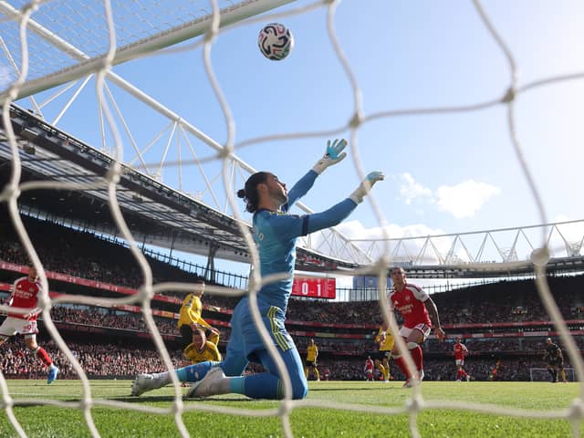 BEATEN: Leeds United keeper James Trafford by Riccardo Calafiori's bouncing effort to draw Arsenal at level.