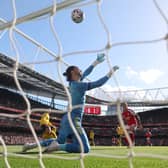BEATEN: Leeds United keeper James Trafford by Riccardo Calafiori's bouncing effort to draw Arsenal at level.