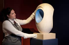 Barbara Hepworth's Sculpture with Colour (Eos), carved in 1946, on display at the Christie's in central London.