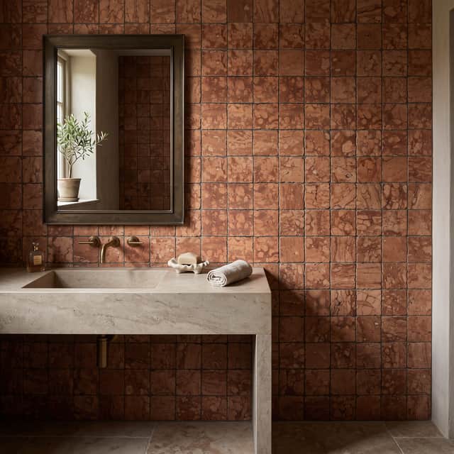 RICH COLOUR. Lapicida’s Rosso Verona marble squares bring warmth, character and ancient Roman-inspired luxury to a striking bathroom.