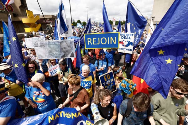 Pro-EU demonstrators attend a rally in London in June this year to mark the tenth anniversary of the Brexit referendum (Picture: Brook Mitchell)