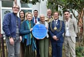 Tony Harrison blue plaque outside 120 Tempest Road. Pictured, from left, are friends of the family, Sian Thomas, MP Richard Burgon, Jane Harrison, The Rt Hon Hilary Benn MP, Leeds Lord Mayor Stephen Holroyd and consort Simon Mapals.
