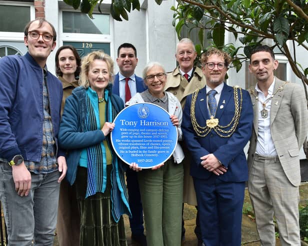 Tony Harrison blue plaque outside 120 Tempest Road. Pictured, from left, are friends of the family, Sian Thomas, MP Richard Burgon, Jane Harrison, The Rt Hon Hilary Benn MP, Leeds Lord Mayor Stephen Holroyd and consort Simon Mapals.