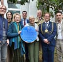 Tony Harrison blue plaque outside 120 Tempest Road. Pictured, from left, are friends of the family, Sian Thomas, MP Richard Burgon, Jane Harrison, The Rt Hon Hilary Benn MP, Leeds Lord Mayor Stephen Holroyd and consort Simon Mapals.