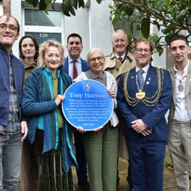 Tony Harrison blue plaque outside 120 Tempest Road. Pictured, from left, are friends of the family, Sian Thomas, MP Richard Burgon, Jane Harrison, The Rt Hon Hilary Benn MP, Leeds Lord Mayor Stephen Holroyd and consort Simon Mapals.