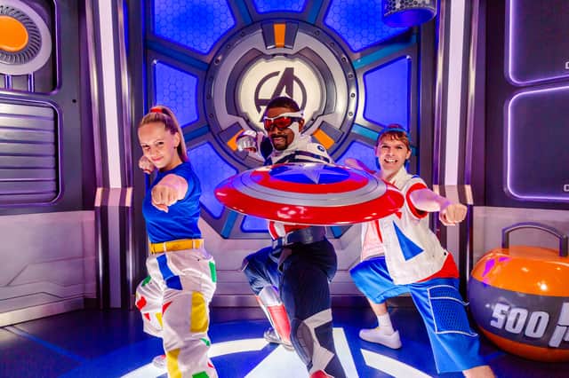 Disney Junior Cinema Club hosts Joe and Bex filming at Disneyland Paris with Captain America