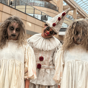 Freaky and fantastical: Creepy twins and a haunting clown prepare to stalk through Trinity Leeds during the first-ever Halloween Spooktacular Parade