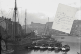 "Lord forgive me, I am now quite shameless!" Bram Stoker’s handwritten letter overlaid against a historic view of Whitby Harbour, featured in the new Quite Shameless exhibition at the University of Leeds