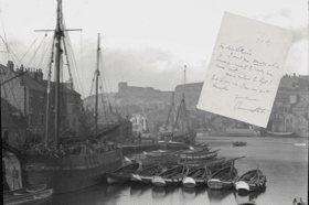"Lord forgive me, I am now quite shameless!" Bram Stoker’s handwritten letter overlaid against a historic view of Whitby Harbour, featured in the new Quite Shameless exhibition at the University of Leeds