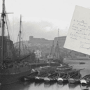 "Lord forgive me, I am now quite shameless!" Bram Stoker’s handwritten letter overlaid against a historic view of Whitby Harbour, featured in the new Quite Shameless exhibition at the University of Leeds