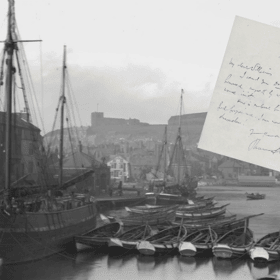 "Lord forgive me, I am now quite shameless!" Bram Stoker’s handwritten letter overlaid against a historic view of Whitby Harbour, featured in the new Quite Shameless exhibition at the University of Leeds