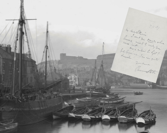 "Lord forgive me, I am now quite shameless!" Bram Stoker’s handwritten letter overlaid against a historic view of Whitby Harbour, featured in the new Quite Shameless exhibition at the University of Leeds