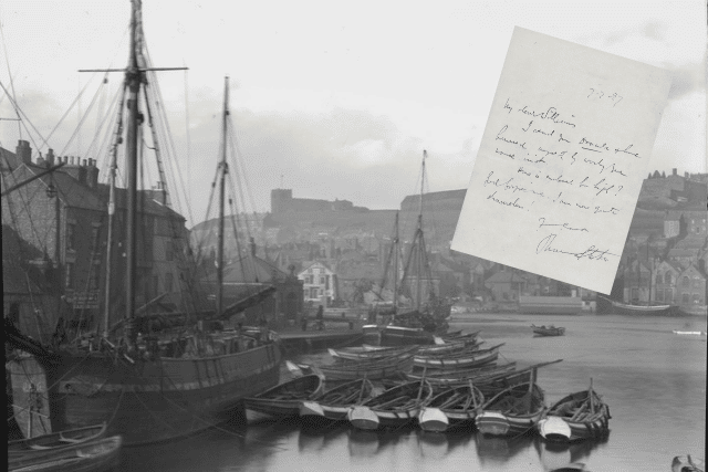 "Lord forgive me, I am now quite shameless!" Bram Stoker’s handwritten letter overlaid against a historic view of Whitby Harbour, featured in the new Quite Shameless exhibition at the University of Leeds