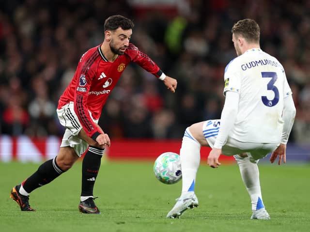 KEY MEN: Leeds United's Gabi Gudmundsson and Manchester United's Bruno Fernandes, pictured in April's historic win at Old Trafford.