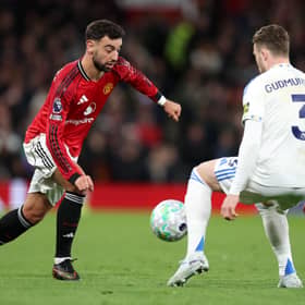 KEY MEN: Leeds United's Gabi Gudmundsson and Manchester United's Bruno Fernandes, pictured in April's historic win at Old Trafford.
