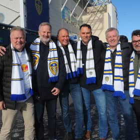 Leeds United fans from AAlesund, Norway celebrating the birthday of  Odd Humlen, left