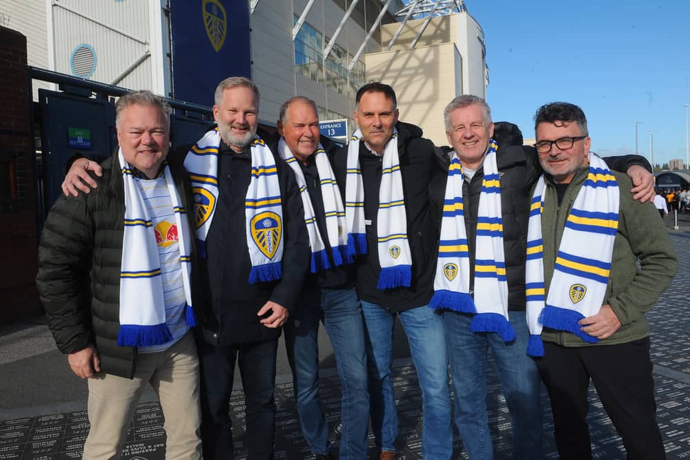 Leeds United fans from AAlesund, Norway celebrating the birthday of  Odd Humlen, left