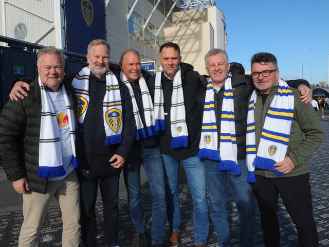 Leeds United fans from AAlesund, Norway celebrating the birthday of  Odd Humlen, left