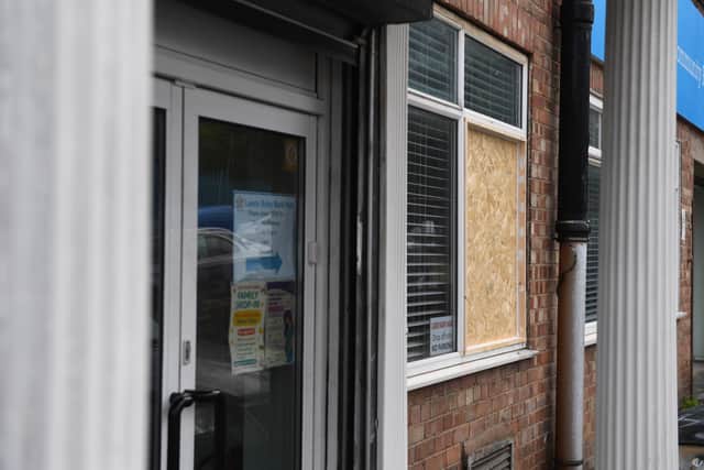 The window that was smashed where the burglars gained access at Leeds Baby Bank