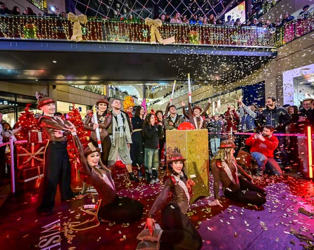 Confetti rains down on dancers and performers as Trinity Leeds launches its 'Wishmas' festive celebrations