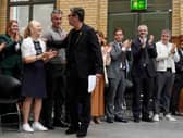 Andy Burnham, greets (left to right) Mayor of West Yorkshire Tracy Brabin.