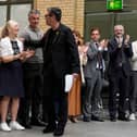 Andy Burnham, greets (left to right) Mayor of West Yorkshire Tracy Brabin.
