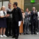 Andy Burnham, greets (left to right) Mayor of West Yorkshire Tracy Brabin.