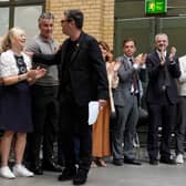 Andy Burnham, greets (left to right) Mayor of West Yorkshire Tracy Brabin.
