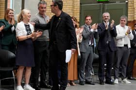 Andy Burnham, greets (left to right) Mayor of West Yorkshire Tracy Brabin.
