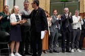 Andy Burnham, greets (left to right) Mayor of West Yorkshire Tracy Brabin.