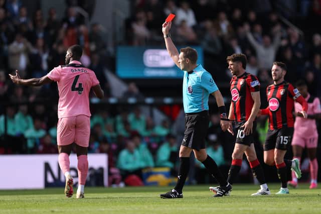 Kevin Danso was shown a straight red card on Sunday.