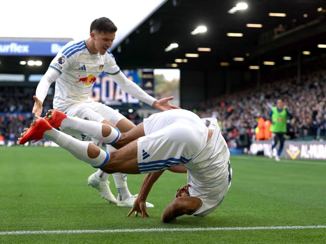 KEY PAIR COMBINE: Tarik Muharemovic heads to celebrate with Dominic Calvert-Lewin after setting him up to draw Leeds United level against Manchester United at Elland Road.