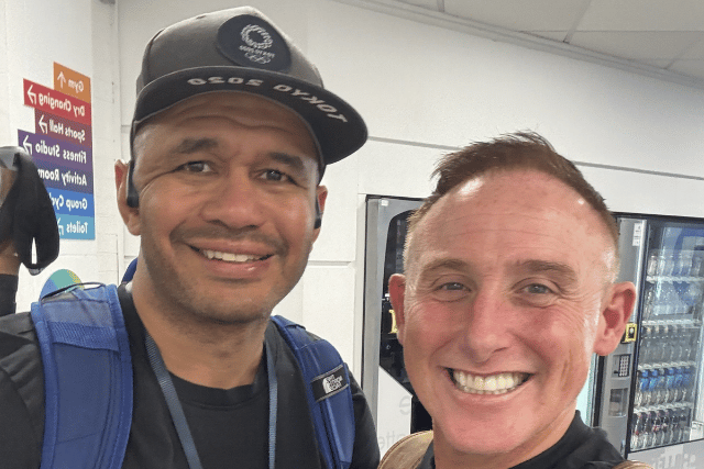 Community campaigner Shane Hamill (right) with local dad Andy Mayers at Pudsey Leisure Centre. Shane is staging a 24-hour music "JOY-A-THON" to raise £10,000 for a specialised HOSS mobility chair following Andy’s stroke in 2022