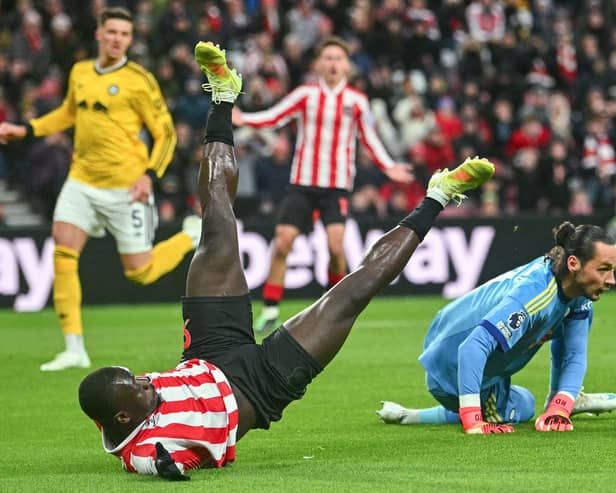 THWARTED: Sunderland's Brian Brobbey by Leeds United keeper James Trafford.