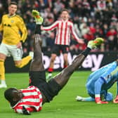 THWARTED: Sunderland's Brian Brobbey by Leeds United keeper James Trafford.