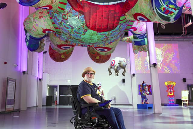 Jason Wilsher-Mills pictured in June 2025 at WX with his Jolly Pinder of Wakefield inflatable. 