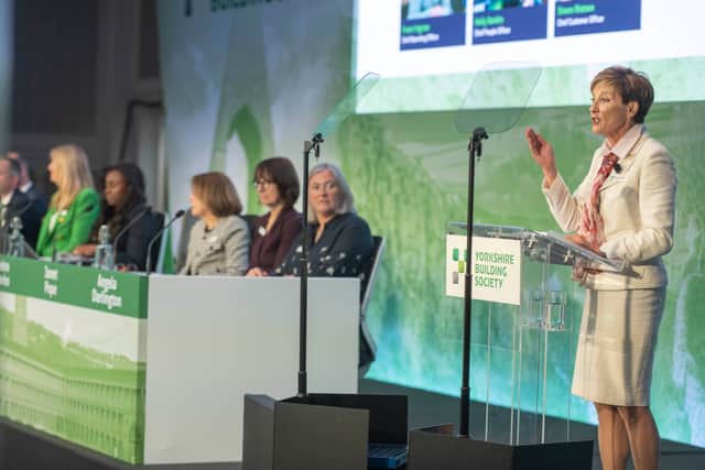 Annemarie Durbin, Chair of Yorkshire Building Society, speaking to members at the AGM. Photograph by Richard Walker/ImageNorth