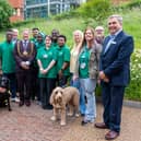 Group photo of the event featuring the Lord Mayor of Leeds, Councillor Stephen Holroyd, Leeds Teaching Hospitals NHS Trust’s Chair, Antony Kildare and Chief Executive, Brendan Brown and volunteers from across the Trust.