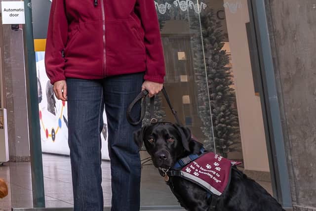 Hearing Dogs Volunteer Puppy Trainer, Rachel, with hearing dog-in-training Mango outside Leeds Royal Armouries Museum.