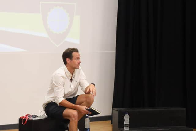 James Mason addressing students during his visit to Guiseley School.  