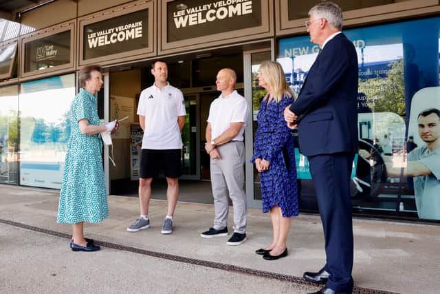 HRH The Princess Royal is greeted by (left to right) Jon Norfolk MBE, Head Coach GB Cycling Team, Mark Gannon, CEO of UK Coaching, Michelle Bramley, Chair of the Board of UK Coaching, and Peter Bundey, Chief Executive of GLL.