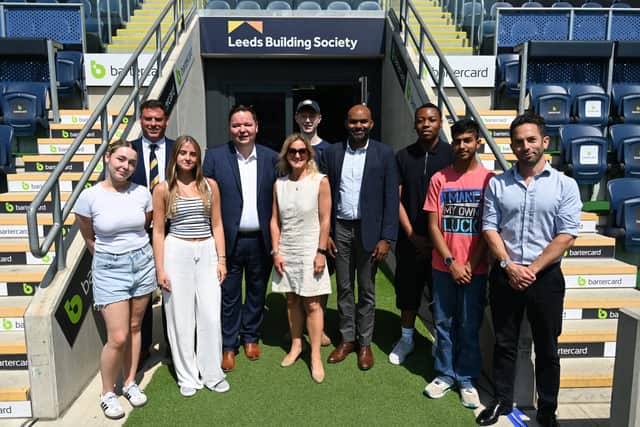 Andrew Western MP, alongside Jambu Palaniappan, CEO of Checkatrade, Dan Busfield, Leeds Rhinos Foundation Head of Buisness Partnerships and students on placement with Leeds Building Society.