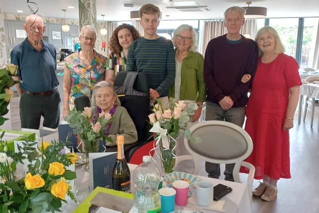 Eileen Parkin, centre, surrounded by family at Adel Manor. From left: Robert and Linda Smith, relative of Eileen’s husband; granddaughter Beth Arscott; grandson Jack Arscott; their mother, Jill, Eileen’s younger daughter; Nick Coulter and wife Janet, Eileen’s older daughter.