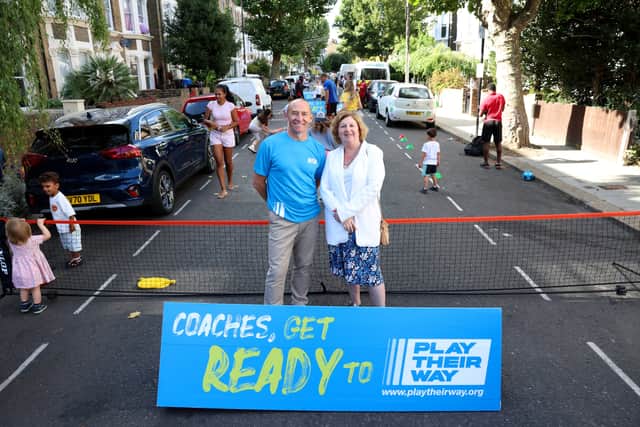 Mark Gannon, chief executive of UK Coaching, and Dame Karen Buck, chair of Play England, at a Playday event with local children in Westminster on August 5. 