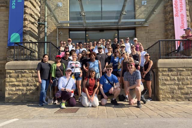 Mednet team gathered outside their first stop of the day - Salts Mill, Shipley