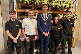 Wetherby Mayor, Councillor Connor Mulhall (centre), meets Arville’s apprentices and young team members during a factory tour led by Simon Hartley, Group Head of Engineering & Manufacturing Projects (second from left).